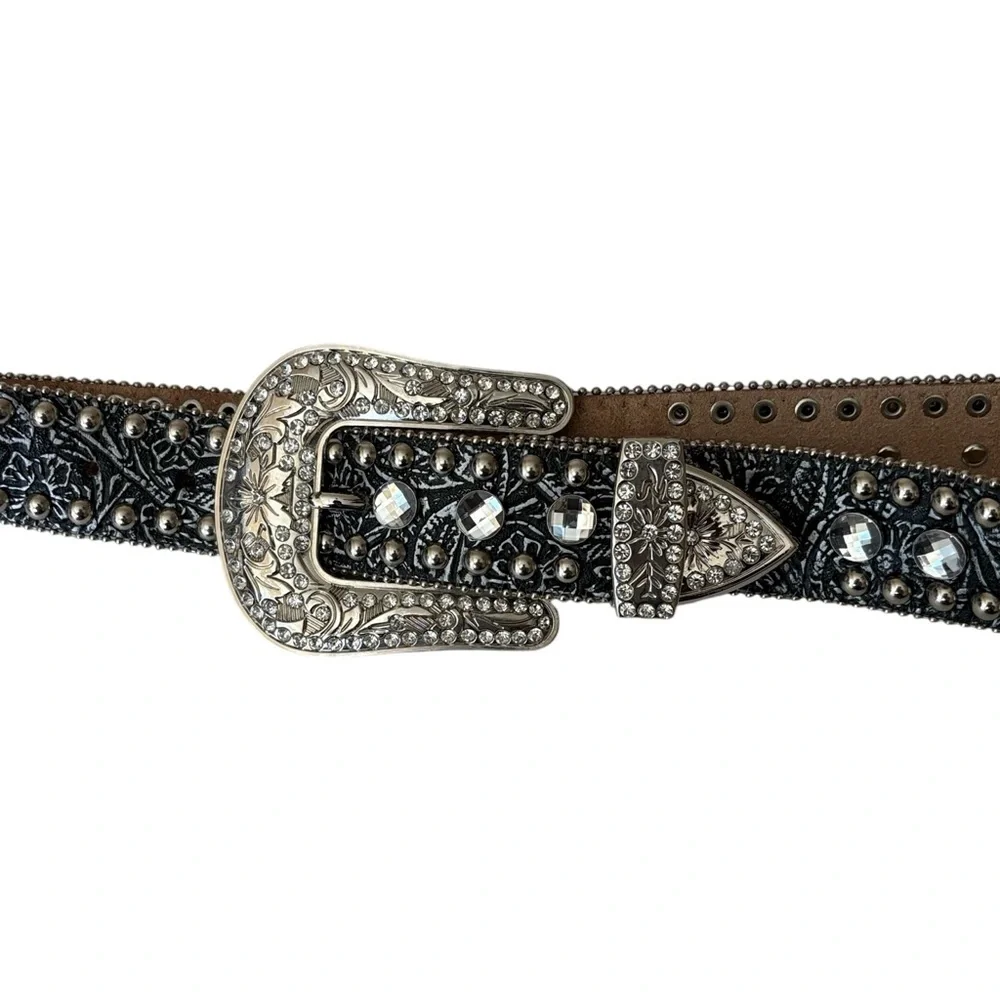 Blazin Roxx embossed leather western belt, crystal conchos,rhinestones, studs, M